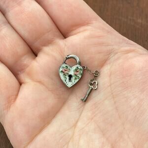Vintage Walter Lampl Sterling Guilloche Rose Heart Padlock w/ Key Pendant Charm